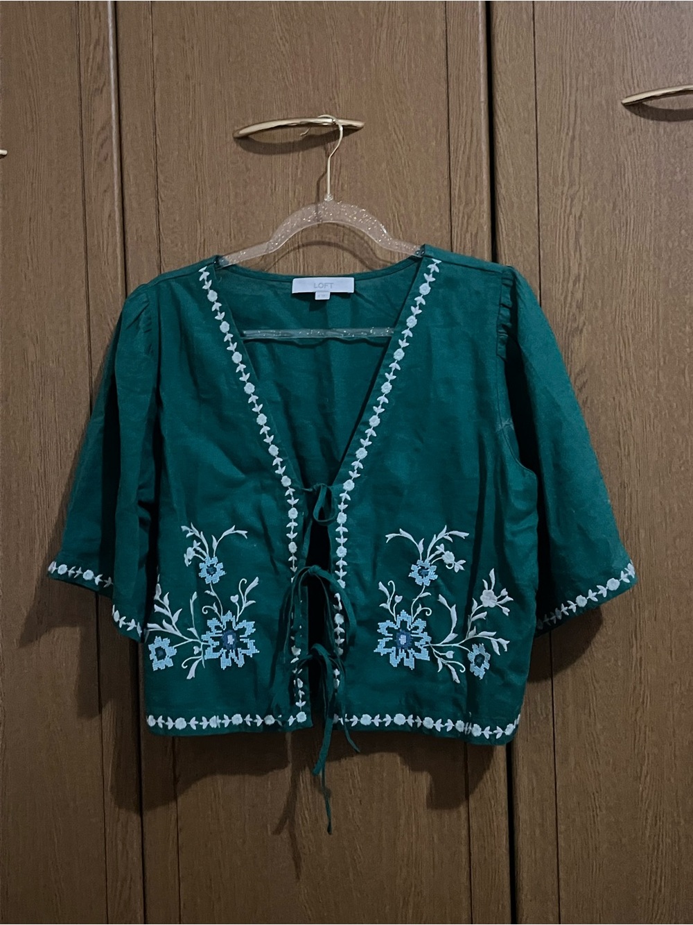 LOFT Teal Green Embroidered Tie-Front Blouse Size M